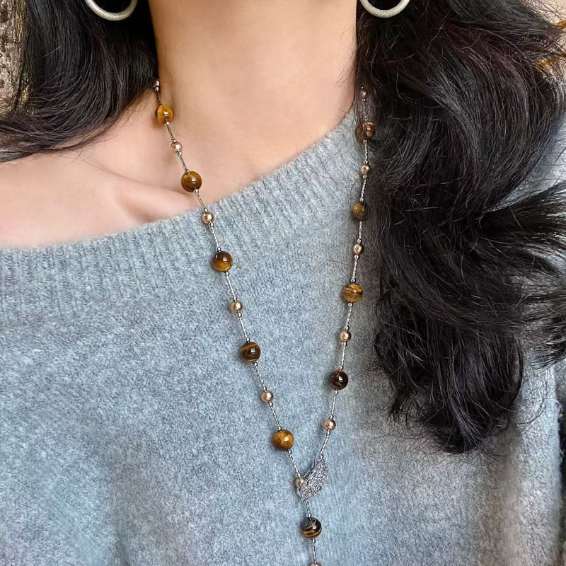 Vintage Natural Stone Tiger's Eye Long Necklace, Metal Leaf Pendant Layered Beads Chain, Fashion Trend Party Jewelry Accessories