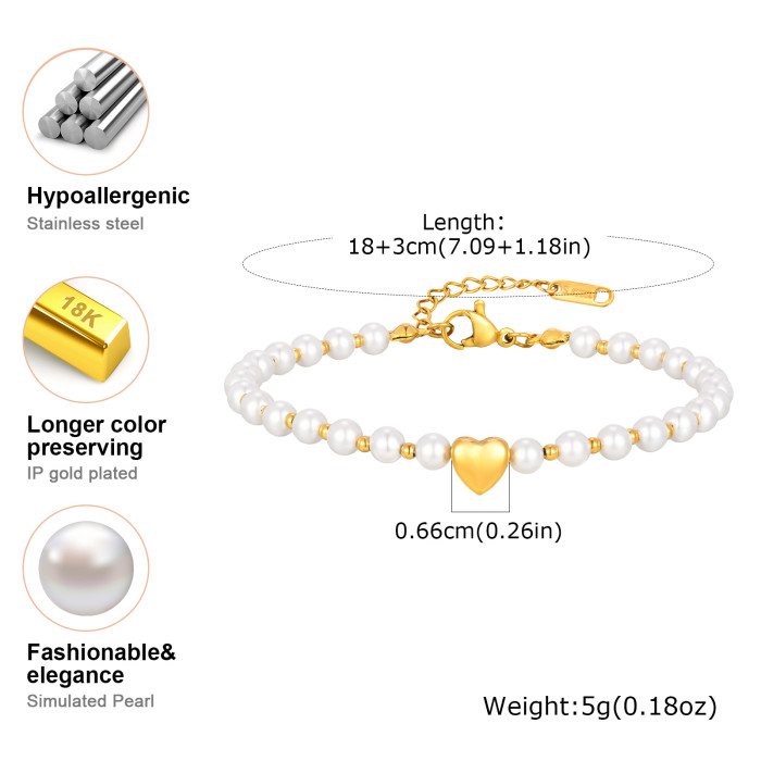 Elegant High Quality Imitation Pearl Beads Bracelet for Women, Stainless Steel Heart Charm Bracelet, Waterproof Fashion Jewelry