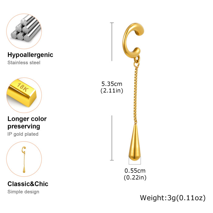 Water Drop Tassel Ear Cuff for Women, C-shaped Stainless Steel Clip on Earrings Fake Piercing, Trendy Ear Bone Clip Jewelry Gift