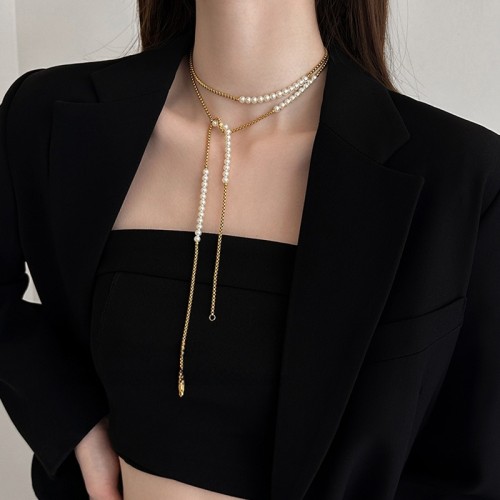 Half-Chain Pearl Necklace ✨ | Elegant Long Sweater Chain for Women