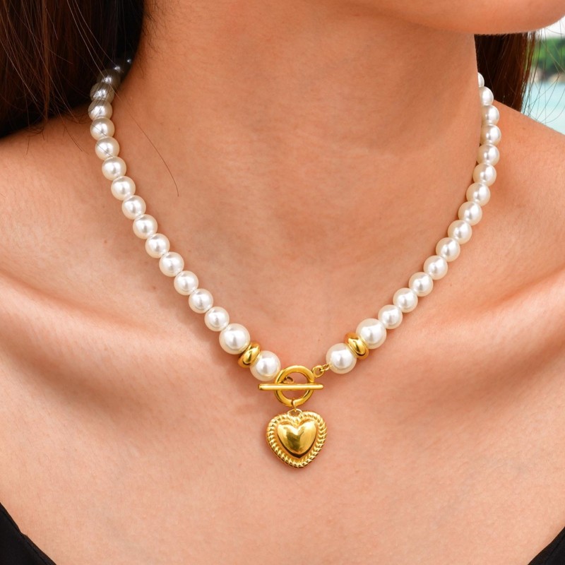 High Quality Imitation Pearl Beaded Necklace, Stainless Steel OT Buckle Heart Pendant Choker, Luxury Statement Jewelry for Women