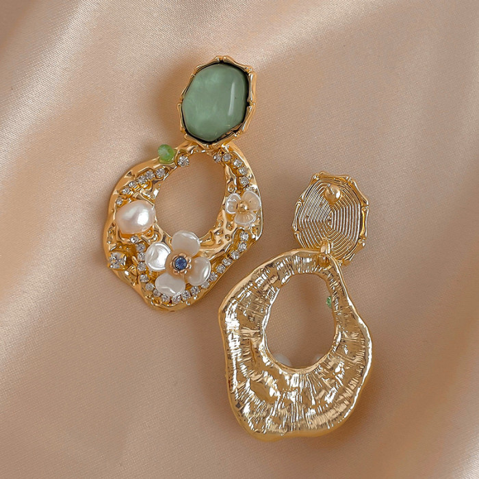 Earrings Pack For Women Vintage Green Earrings Geometric Pearl Flower Earrings Women'S Pleated Hollow Aretes