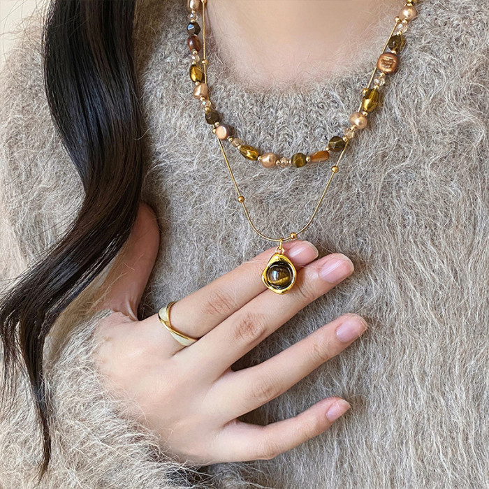 Tiger Eye Stone Beads Autumn/Winter Stacked Necklace for Women, High Grade, Light Luxury Sweater Chain, Retro Accessories