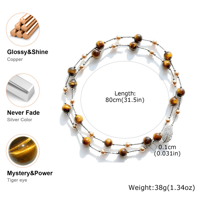 Vintage Natural Stone Tiger's Eye Long Necklace, Metal Leaf Pendant Layered Beads Chain, Fashion Trend Party Jewelry Accessories