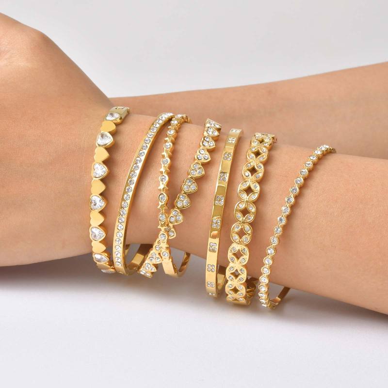 Exquisite Zircon Openable Stainless Steel Bracelet for Women, Gold Plated Geometric Heart Bangle, Luxury Waterproof Jewelry