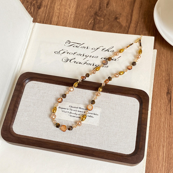 Tiger Eye Stone Beads Autumn/Winter Stacked Necklace for Women, High Grade, Light Luxury Sweater Chain, Retro Accessories