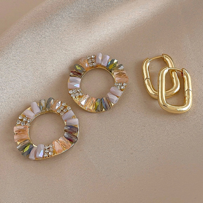 2 Style Elegant Rhinestone Zircon Drop Earrings Golden Circle Dangle Earrings for Women Simple Fashion Round Earring Jewelry F