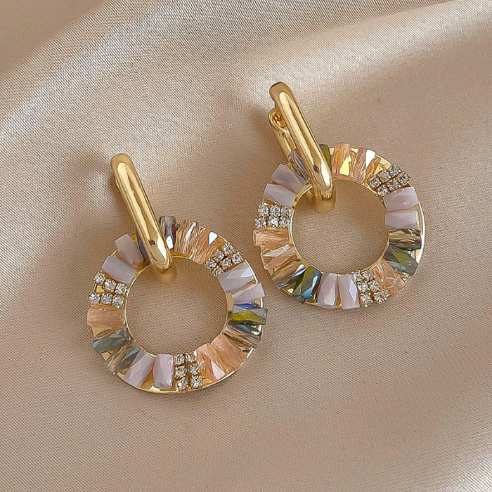 2 Style Elegant Rhinestone Zircon Drop Earrings Golden Circle Dangle Earrings for Women Simple Fashion Round Earring Jewelry F