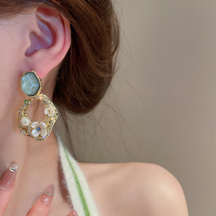 Earrings Pack For Women Vintage Green Earrings Geometric Pearl Flower Earrings Women'S Pleated Hollow Aretes