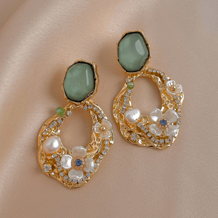 Earrings Pack For Women Vintage Green Earrings Geometric Pearl Flower Earrings Women'S Pleated Hollow Aretes
