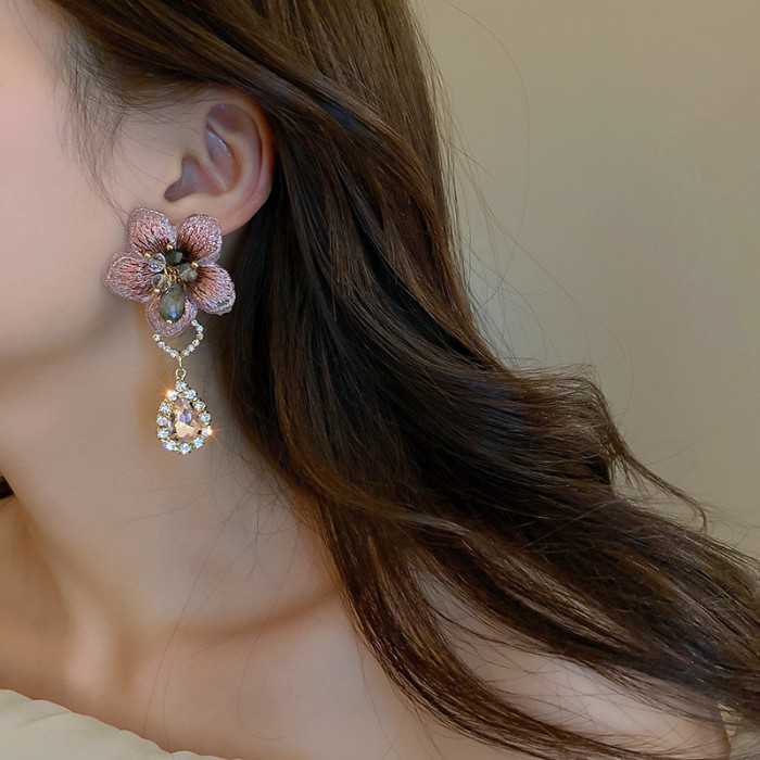 Silver Needle Retro Asymmetrical Diamond Set Fabric Flower Earrings Fashion French Elegant Temperament Premium Earrings Women