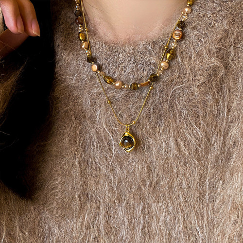 Tiger Eye Stone Beads Autumn/Winter Stacked Necklace for Women, High Grade, Light Luxury Sweater Chain, Retro Accessories