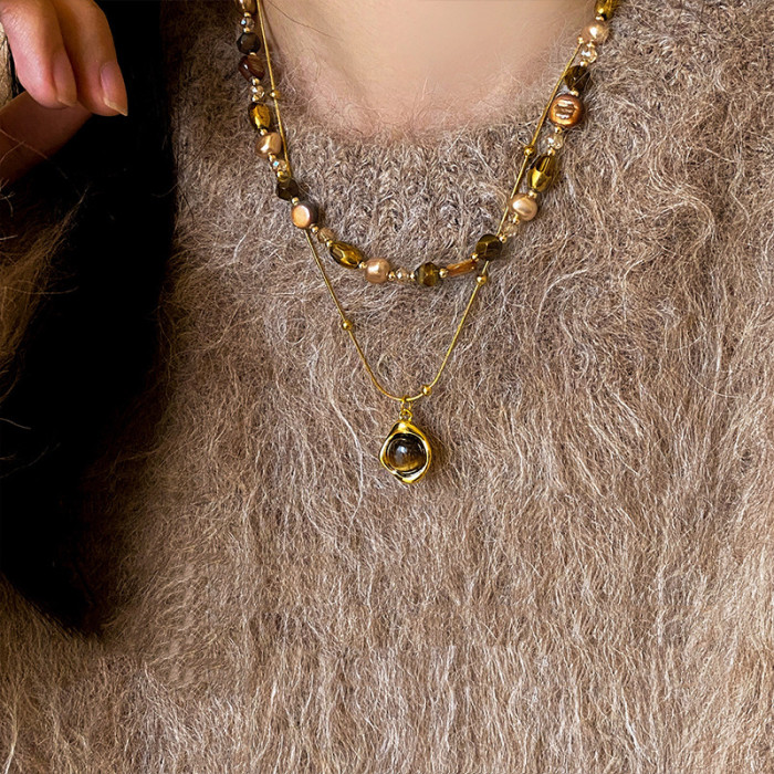 Tiger Eye Stone Beads Autumn/Winter Stacked Necklace for Women, High Grade, Light Luxury Sweater Chain, Retro Accessories