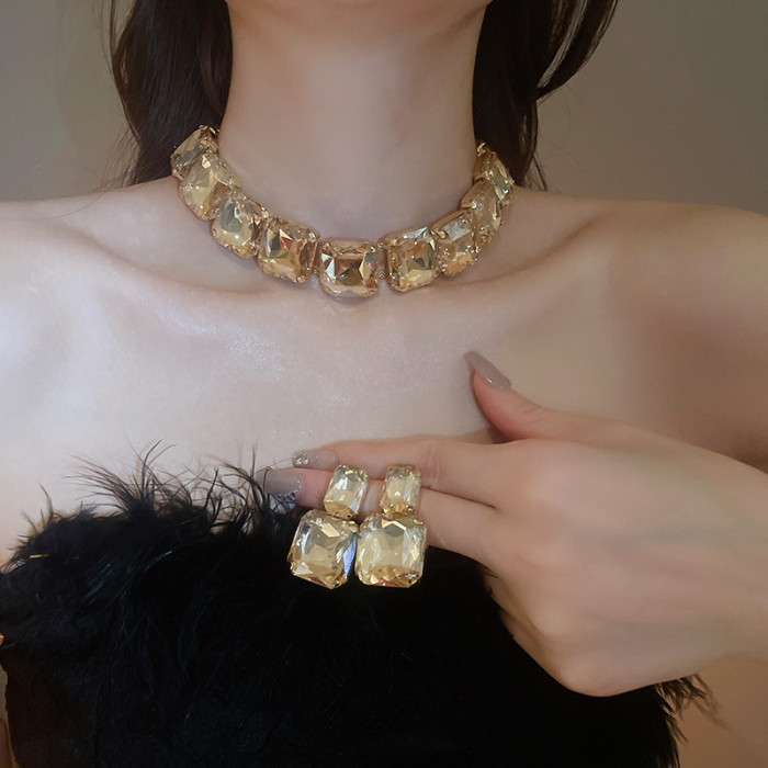Crystal Statement Necklace and Earring Set, Square Cut Rhinestone Jewelry, Champagne Gold