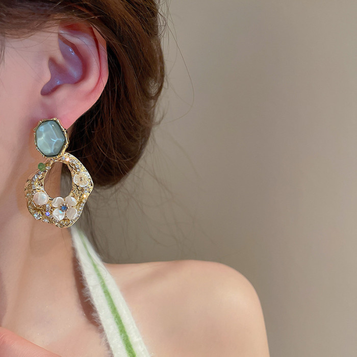 Earrings Pack For Women Vintage Green Earrings Geometric Pearl Flower Earrings Women'S Pleated Hollow Aretes