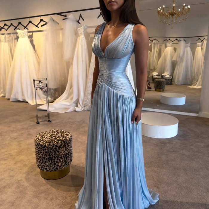 Sexy Sleeveless Solid Long Dress Elegant Deep V-neck Draped Evening Party Dress Women's Fashion Pleated Hight Waist Gowns Dress