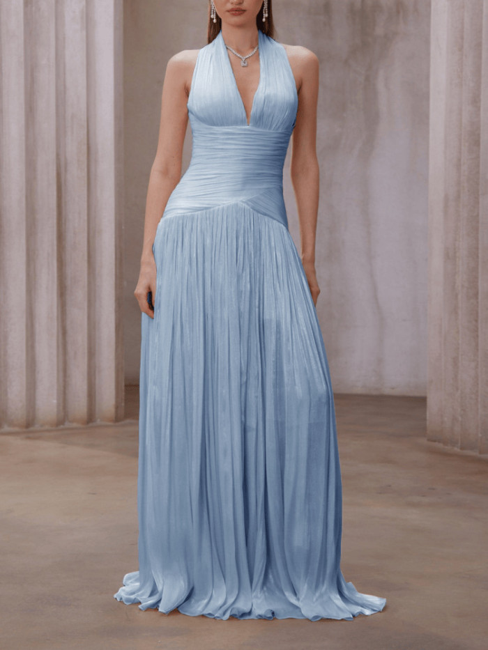 Sexy Sleeveless Solid Long Dress Elegant Deep V-neck Draped Evening Party Dress Women's Fashion Pleated Hight Waist Gowns Dress