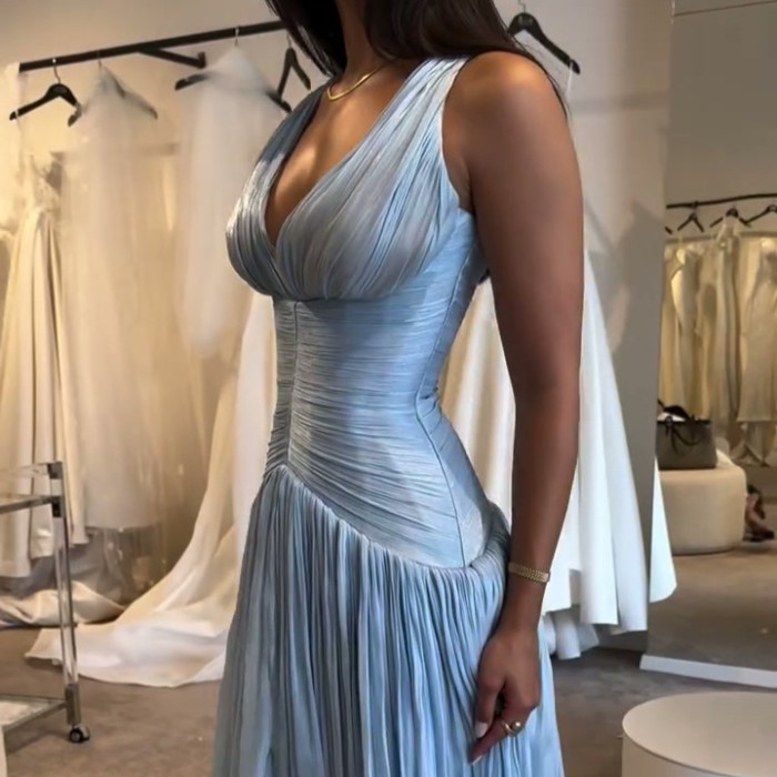 Sexy Sleeveless Solid Long Dress Elegant Deep V-neck Draped Evening Party Dress Women's Fashion Pleated Hight Waist Gowns Dress