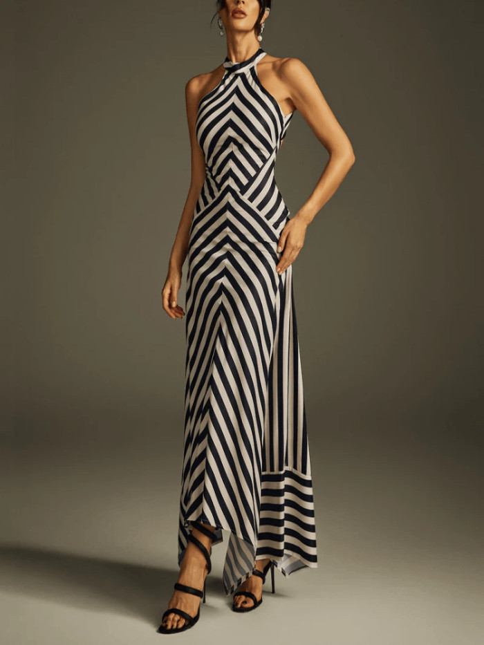 Elegant Halter Sleeveless Evening Long Dress Women's Sexy Backless Hollow Out Party Dress Fashion Striped Print Slim Gowns Dress