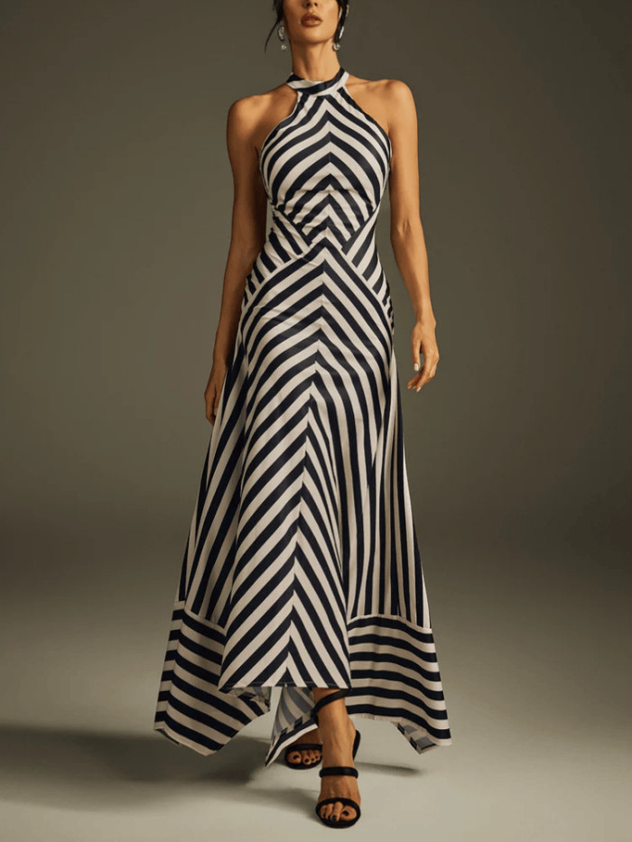 Elegant Halter Sleeveless Evening Long Dress Women's Sexy Backless Hollow Out Party Dress Fashion Striped Print Slim Gowns Dress