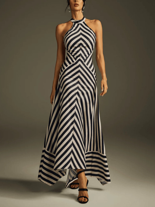 Elegant Halter Sleeveless Evening Long Dress Women's Sexy Backless Hollow Out Party Dress Fashion Striped Print Slim Gowns Dress