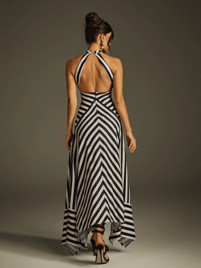 Elegant Halter Sleeveless Evening Long Dress Women's Sexy Backless Hollow Out Party Dress Fashion Striped Print Slim Gowns Dress