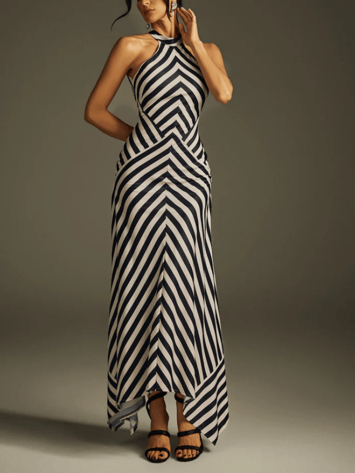 Elegant Halter Sleeveless Evening Long Dress Women's Sexy Backless Hollow Out Party Dress Fashion Striped Print Slim Gowns Dress