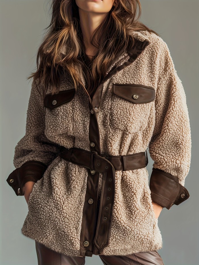 Women's Casual Long Sleeve Pocket PU Leather Coat Elegant Thickened Lamb Solid Jackets Fashion Lapel Button Patchwork Outercoat