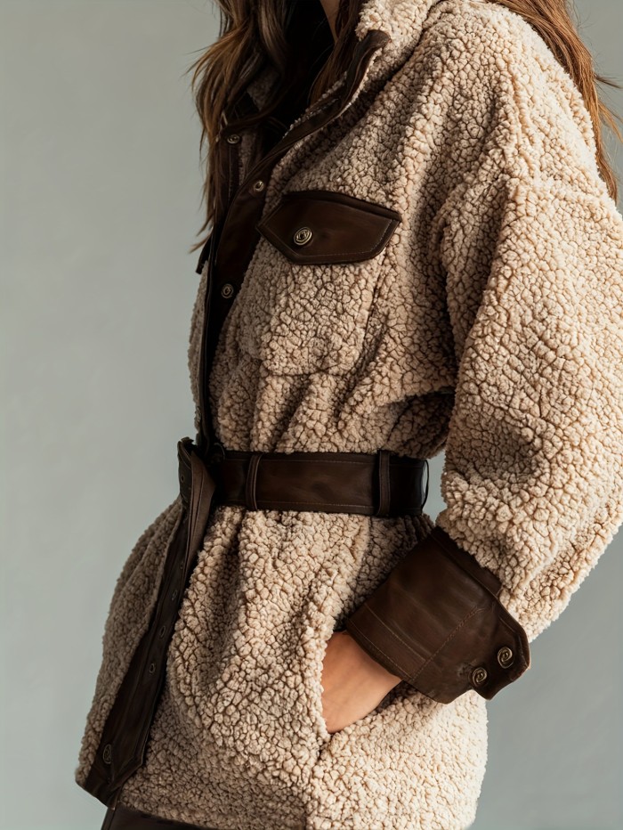 Women's Casual Long Sleeve Pocket PU Leather Coat Elegant Thickened Lamb Solid Jackets Fashion Lapel Button Patchwork Outercoat