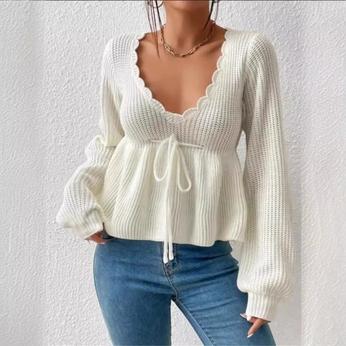 Loose V-neck Drawstring Tie-up Hem with Ruffled Knit Pullover Sweater