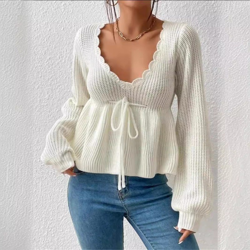 Loose V-neck Drawstring Tie-up Hem with Ruffled Knit Pullover Sweater