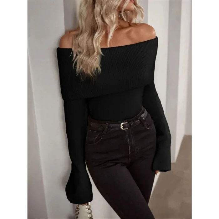 Women's Sweater with A One Neck Slim Fit, Fashionable and Sexy Knitted Long Sleeved Autumn Collection