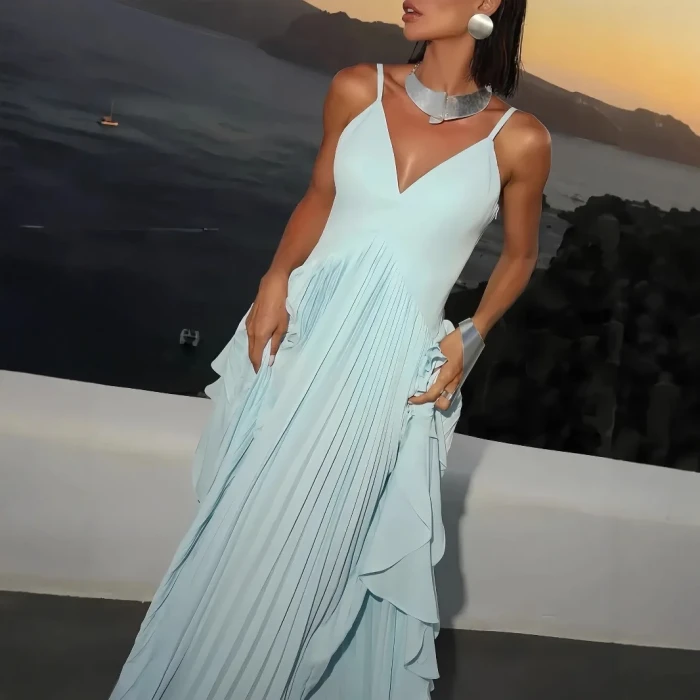 Cross-Border Elegant Multi-Layer Pleated Maxi Dress Vibrant Party Gown V-Neck Sleeveless Empire Waist Ankle-Length