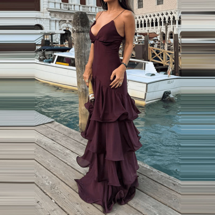 Elegant Deep V-neck Ruffle Suspenders Dress Women Sexy Sleeveless Backless Long Dress Fashion Hight Waist Solid Evening Dresses