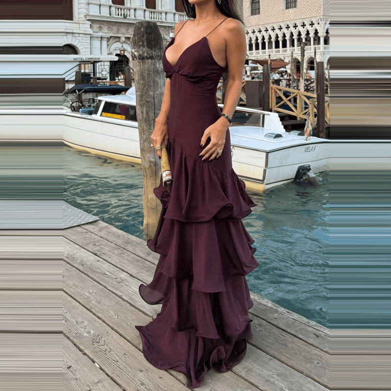 Elegant Deep V-neck Ruffle Suspenders Dress Women Sexy Sleeveless Backless Long Dress Fashion Hight Waist Solid Evening Dresses