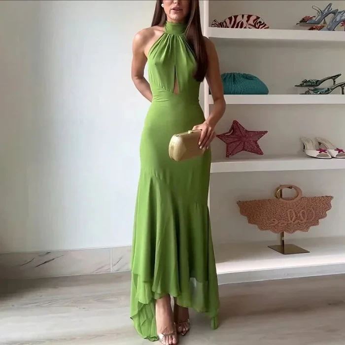 Trendy Clothes Woman Elegant Tie-up Ruffle Irregular Dress Sexy Pure Slim Fit  Midi Dresses Backless Hollow Party Dress