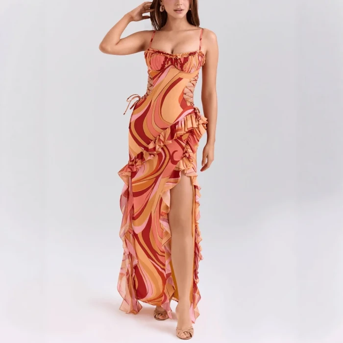 Sexy Print Belted Bared Waist Pleated Slit Halter Dress Cross-Border Independent Station Women's Clothing Ankle-Length Gown
