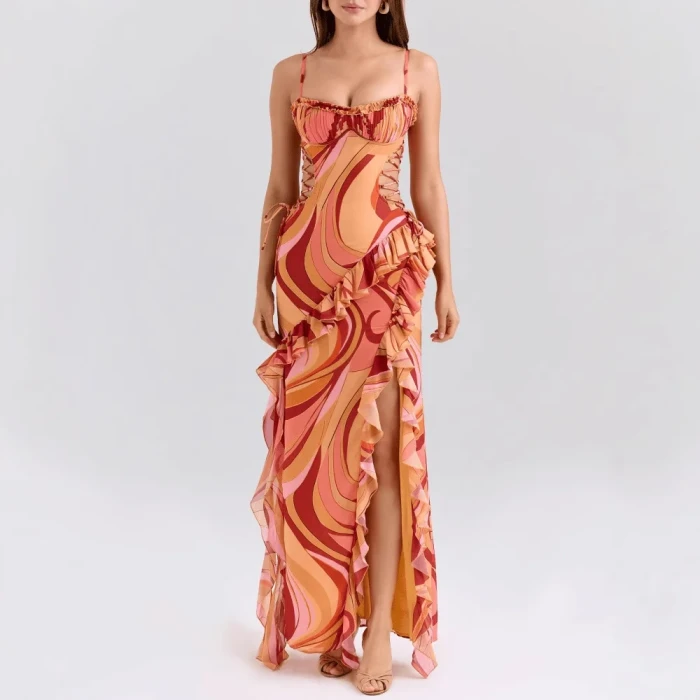 Sexy Print Belted Bared Waist Pleated Slit Halter Dress Cross-Border Independent Station Women's Clothing Ankle-Length Gown