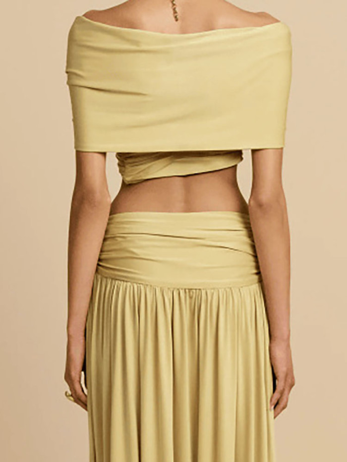 Elegant Off Shoulder Sleeveless Long Skirt Set Women's Sexy Draped Solid Color 2Pc Outfits Fashion Hight Waist Party Skirt Suit