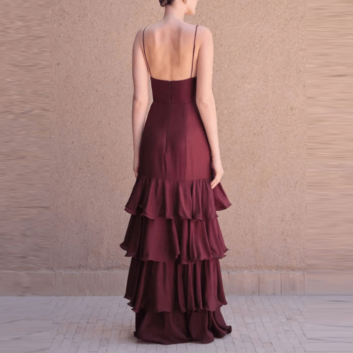 Elegant Deep V-neck Ruffle Suspenders Dress Women Sexy Sleeveless Backless Long Dress Fashion Hight Waist Solid Evening Dresses
