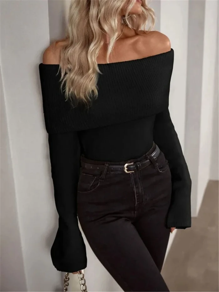 Women's Sweater with A One Neck Slim Fit, Fashionable and Sexy Knitted Long Sleeved Autumn Collection
