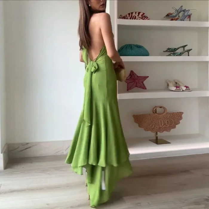 Trendy Clothes Woman Elegant Tie-up Ruffle Irregular Dress Sexy Pure Slim Fit  Midi Dresses Backless Hollow Party Dress