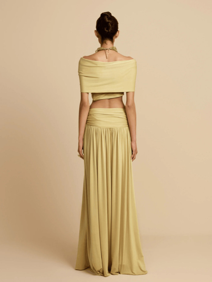 Elegant Off Shoulder Sleeveless Long Skirt Set Women's Sexy Draped Solid Color 2Pc Outfits Fashion Hight Waist Party Skirt Suit