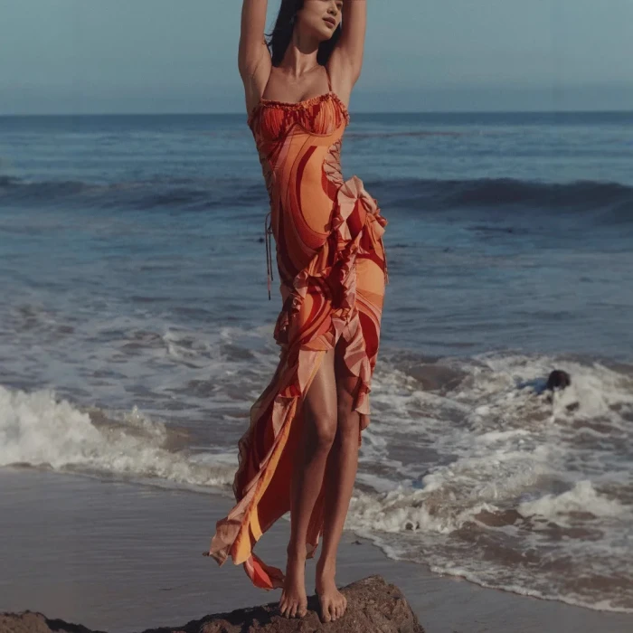 Sexy Print Belted Bared Waist Pleated Slit Halter Dress Cross-Border Independent Station Women's Clothing Ankle-Length Gown
