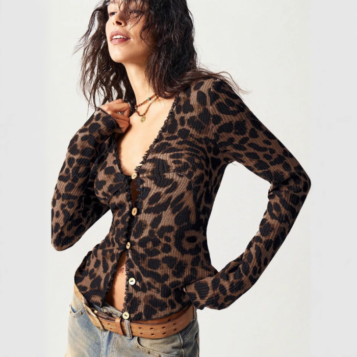 Spring and Autumn New Fashion Leopard Pattern Cardigan Vintage All Match Elegant Button Women Popularity V-neck Top