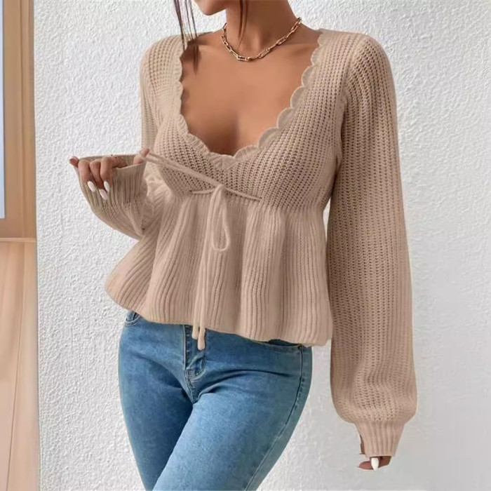 Loose V-neck Drawstring Tie-up Hem with Ruffled Knit Pullover Sweater