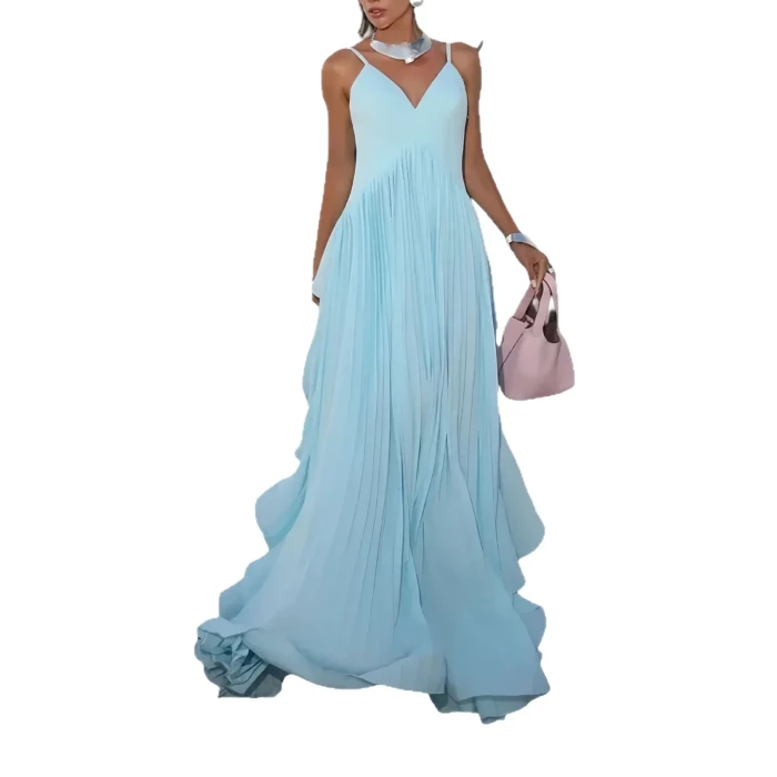 Cross-Border Elegant Multi-Layer Pleated Maxi Dress Vibrant Party Gown V-Neck Sleeveless Empire Waist Ankle-Length
