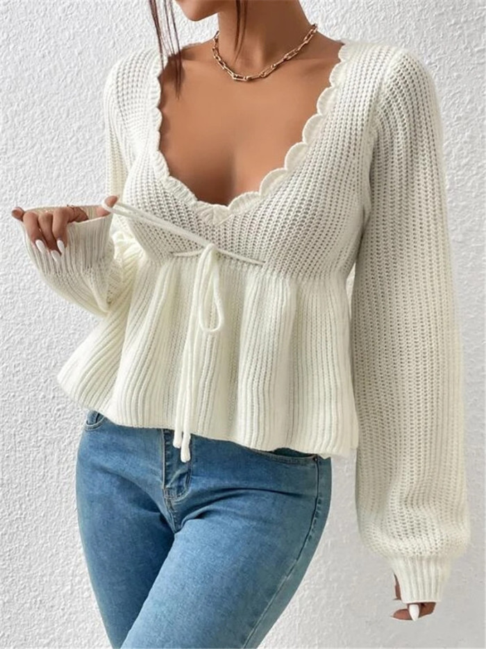 Loose V-neck Drawstring Tie-up Hem with Ruffled Knit Pullover Sweater