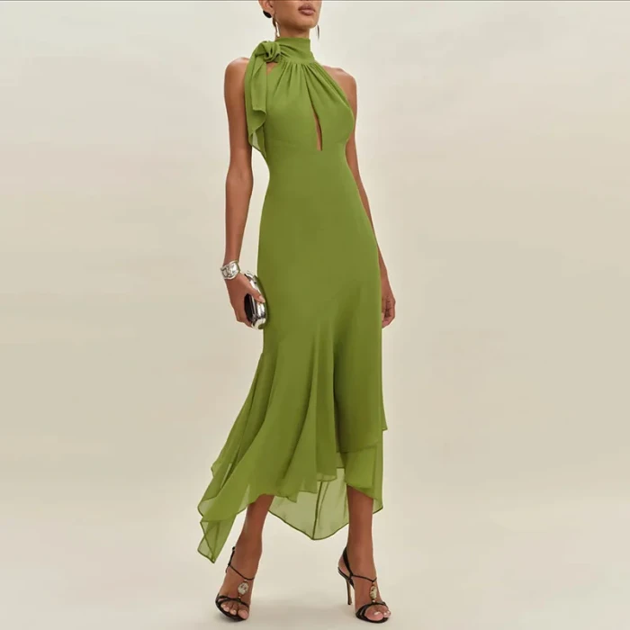 Trendy Clothes Woman Elegant Tie-up Ruffle Irregular Dress Sexy Pure Slim Fit  Midi Dresses Backless Hollow Party Dress