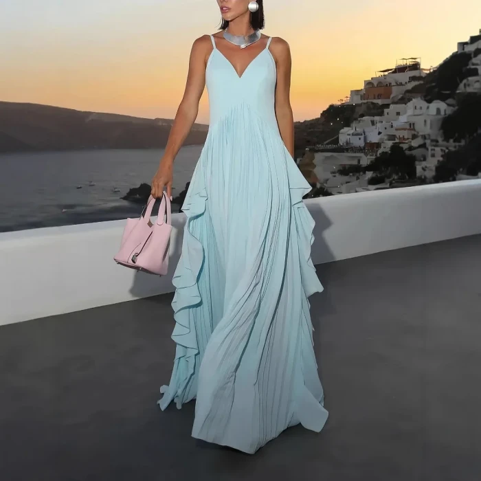 Cross-Border Elegant Multi-Layer Pleated Maxi Dress Vibrant Party Gown V-Neck Sleeveless Empire Waist Ankle-Length